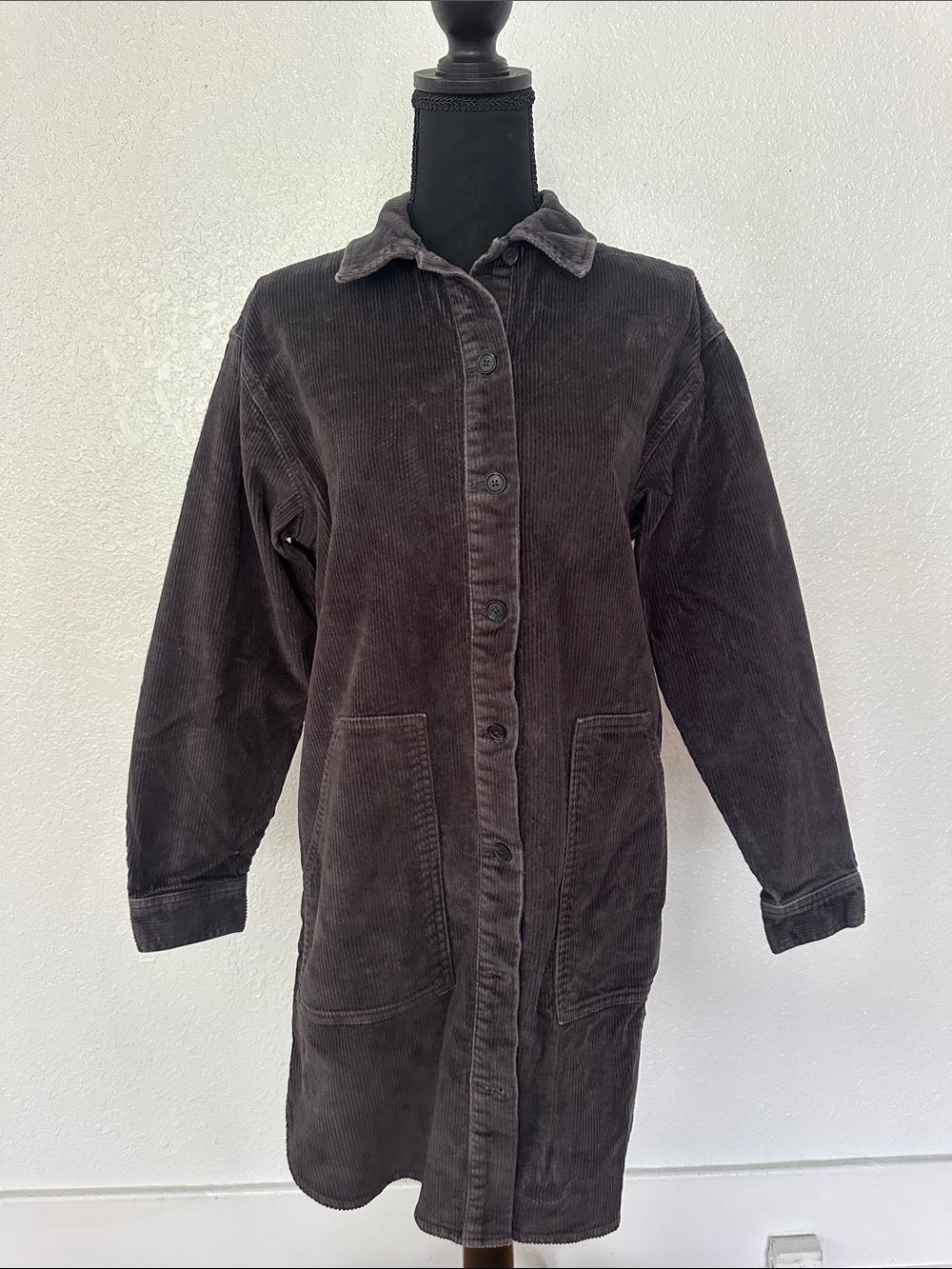 GAP Long Corduroy Button-Front Trench Coat in Dark Charcoal